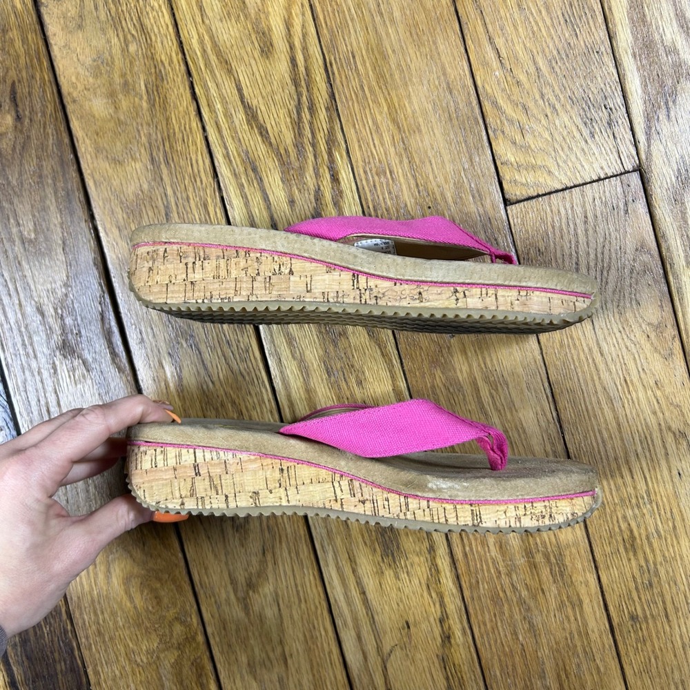 Y2K Volatile Pink Fabric Cork Wedge Platform Flip‎ Flops Sandals Womens Size 8 - Picture 3 of 6